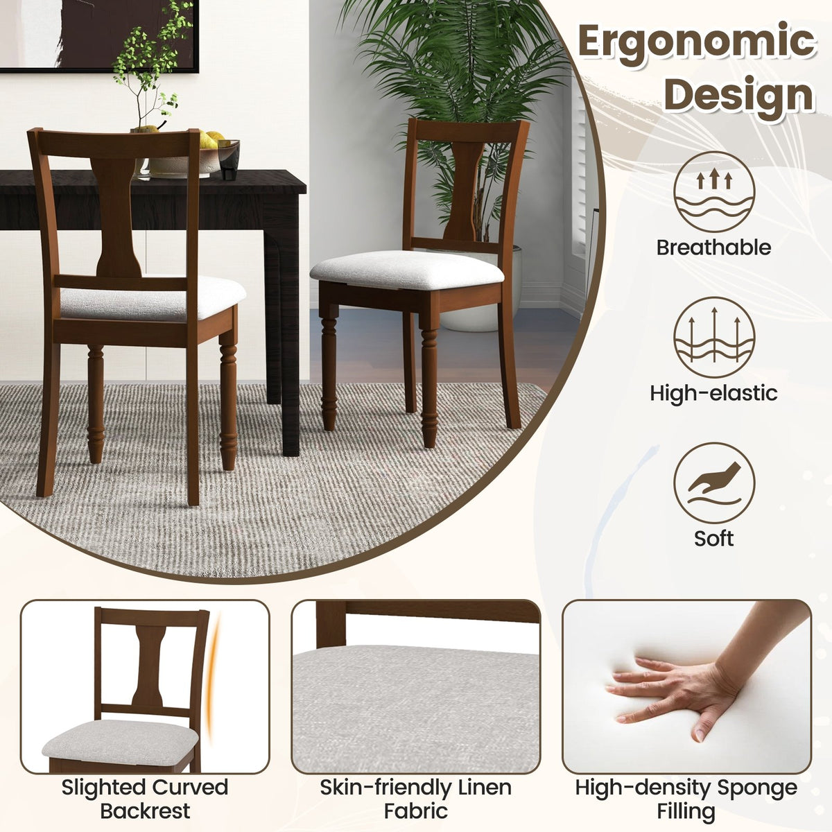 Set of 2 Kitchen Dining Chair with Linen Fabric and Storage Space-Brown view 6