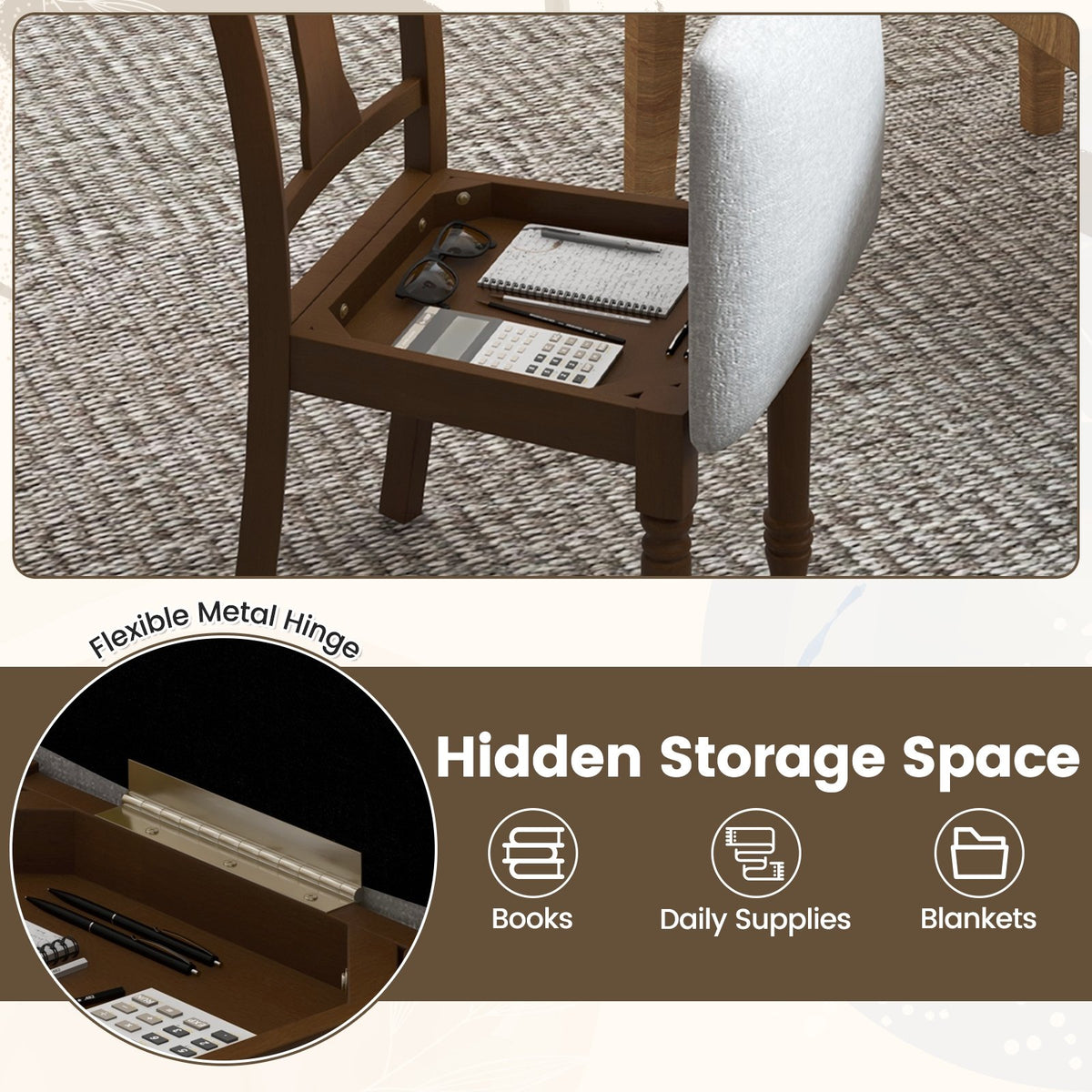 Set of 2 Kitchen Dining Chair with Linen Fabric and Storage Space-Brown view 7