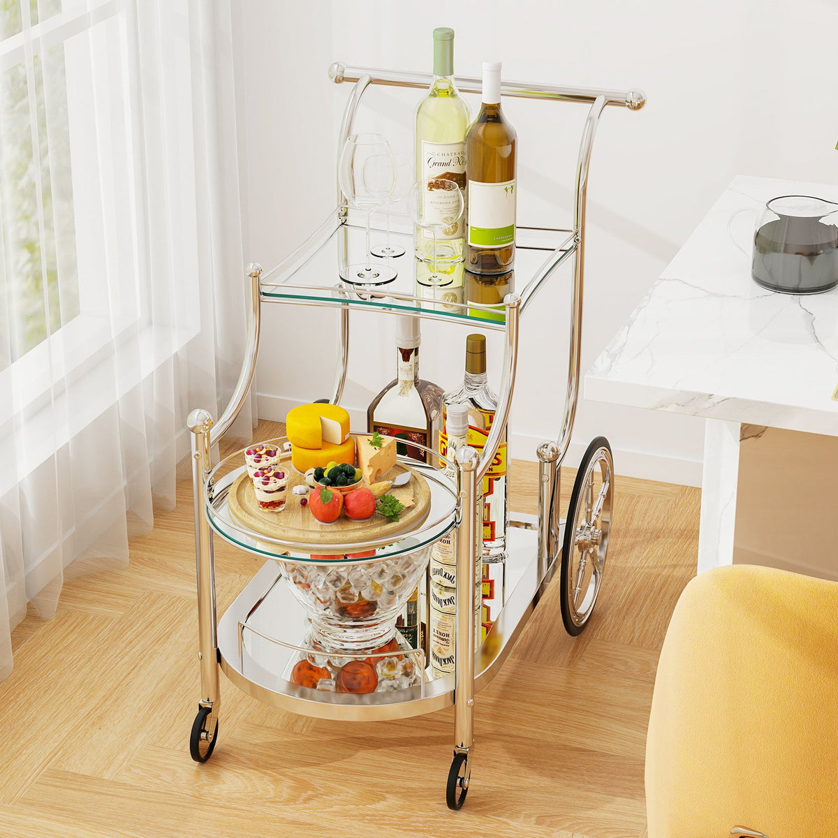 Kitchen Rolling Bar Cart with Tempered Glass Suitable for Restaurant and Hotel view 3