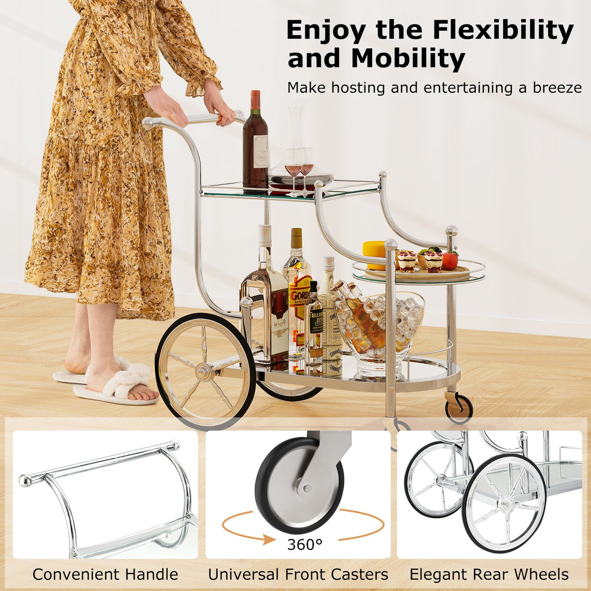 Kitchen Rolling Bar Cart with Tempered Glass Suitable for Restaurant and Hotel view 8