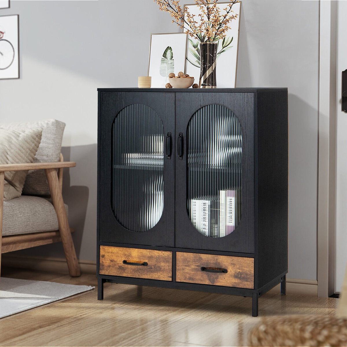Kitchen Industrial Buffet Sideboard with Tempered Glass Doors-Black view 2