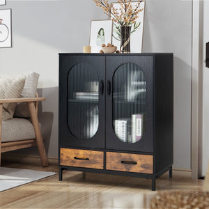 Kitchen Industrial Buffet Sideboard with Tempered Glass Doors-Black view 2