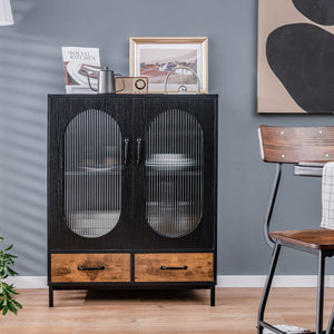 Kitchen Industrial Buffet Sideboard with Tempered Glass Doors-Black view 3