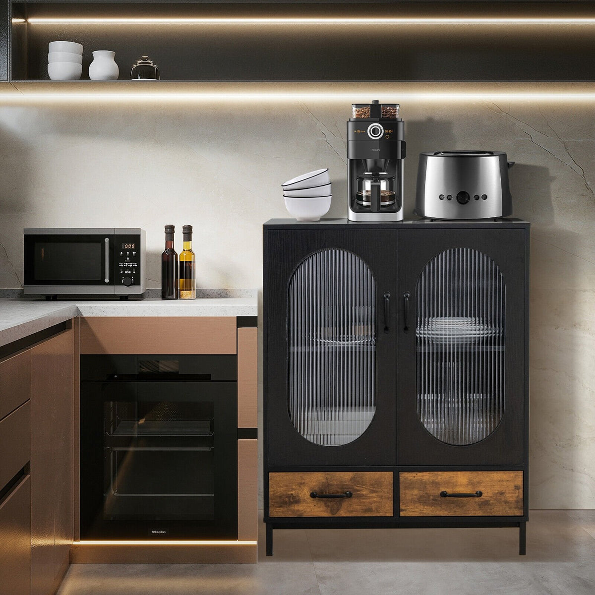 Kitchen Industrial Buffet Sideboard with Tempered Glass Doors-Black view 6