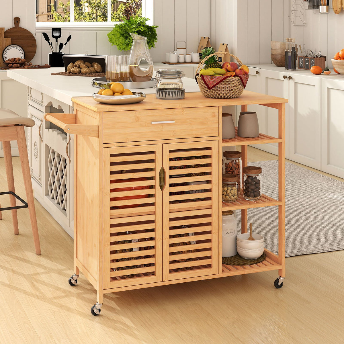 Kitchen Island Cart on Wheels with Sturdy Bamboo Frame-Natural view 2