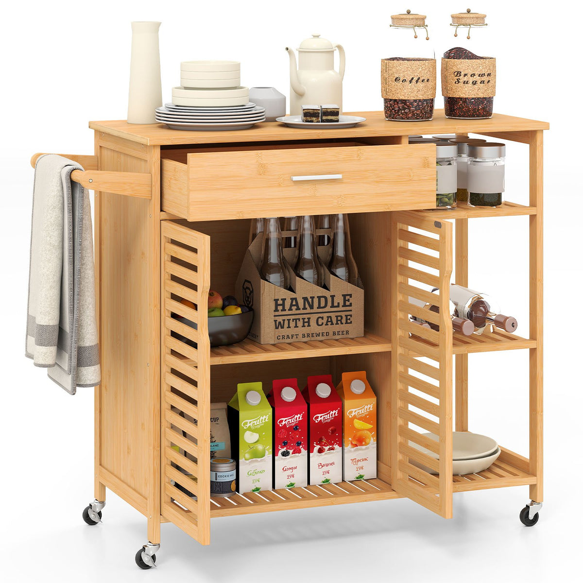 Kitchen Island Cart on Wheels with Sturdy Bamboo Frame-Natural view 4
