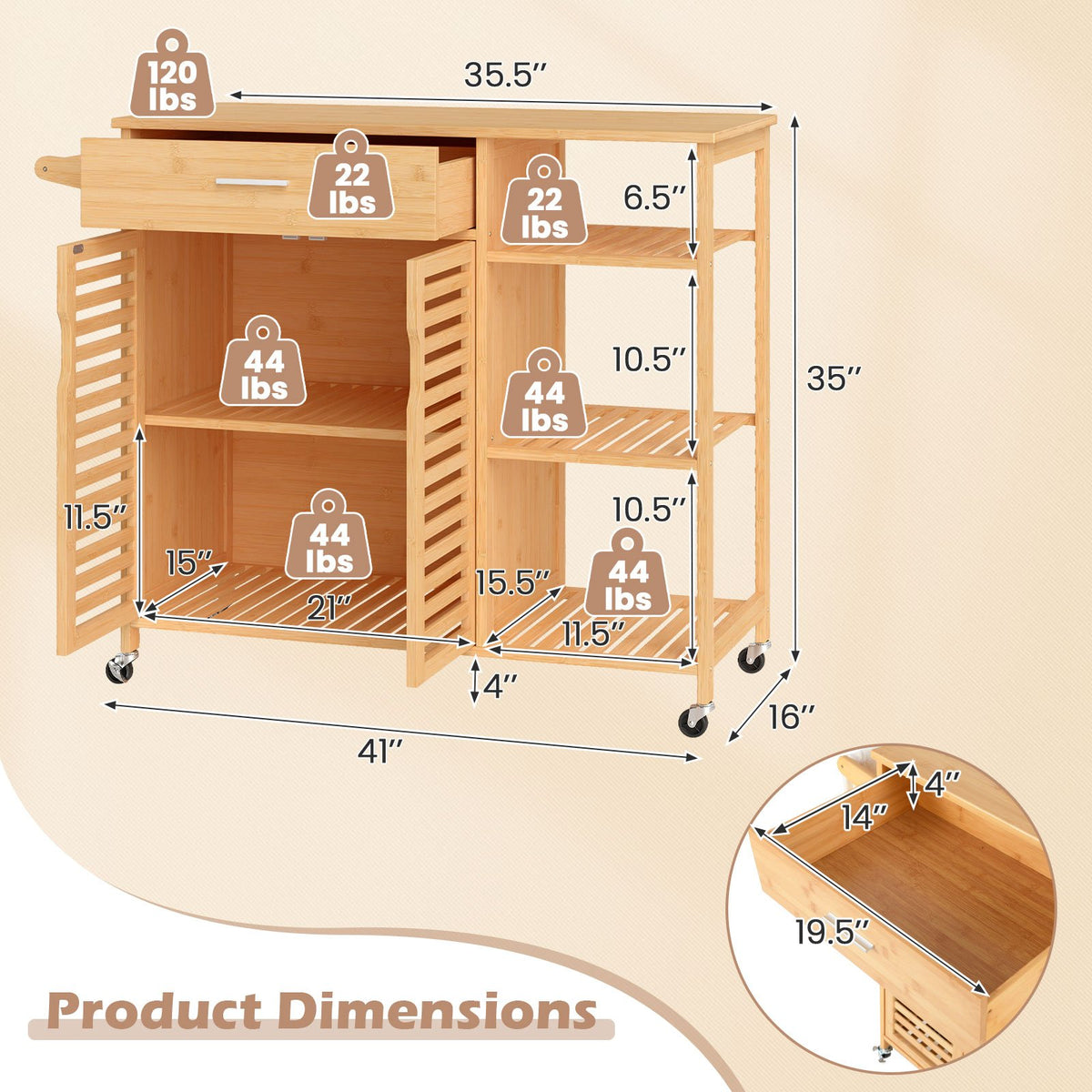 Kitchen Island Cart on Wheels with Sturdy Bamboo Frame-Natural view 5
