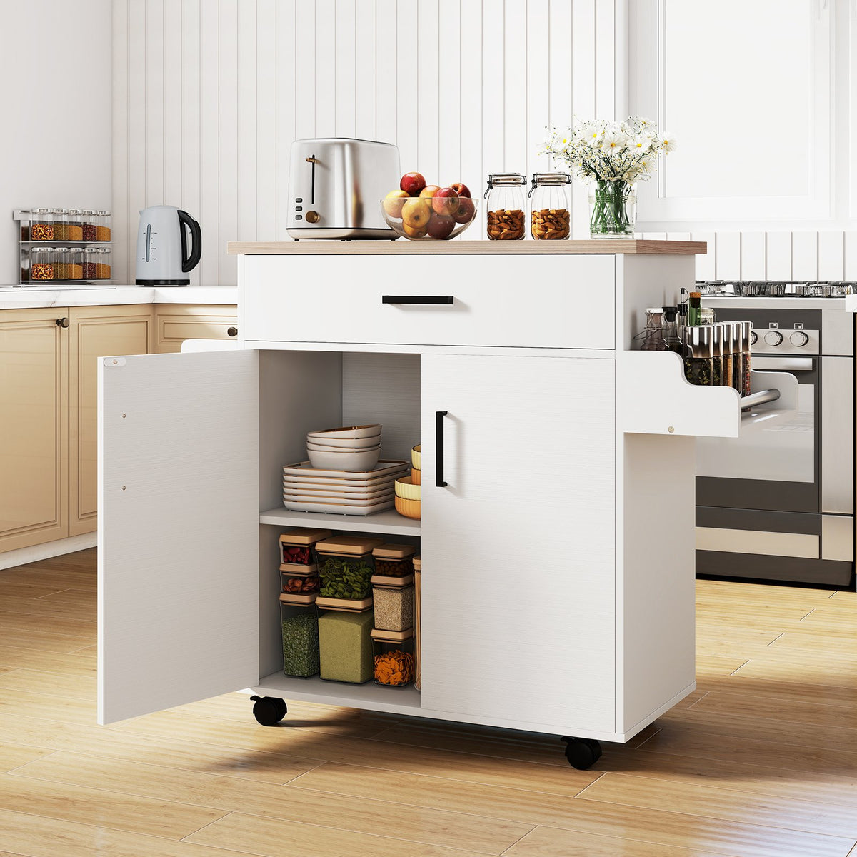 Kitchen Island Cart Rolling Kitchen Storage Island with Drawer-White view 3