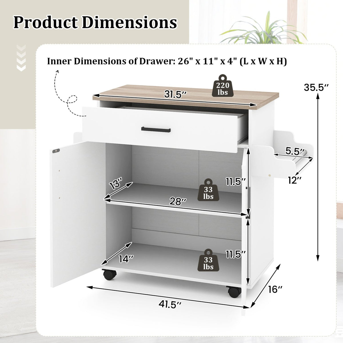 Kitchen Island Cart Rolling Kitchen Storage Island with Drawer-White view 5