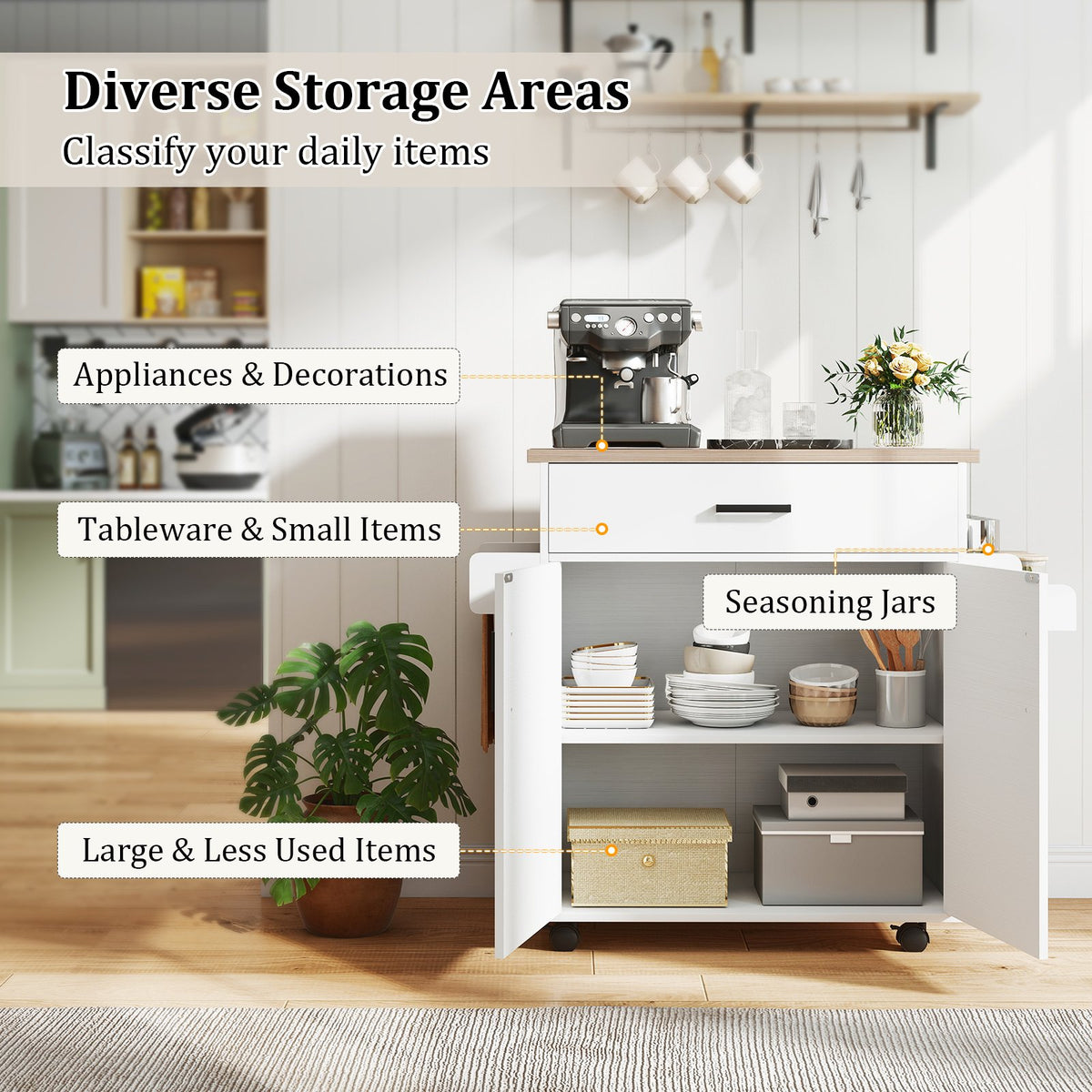 Kitchen Island Cart Rolling Kitchen Storage Island with Drawer-White view 7