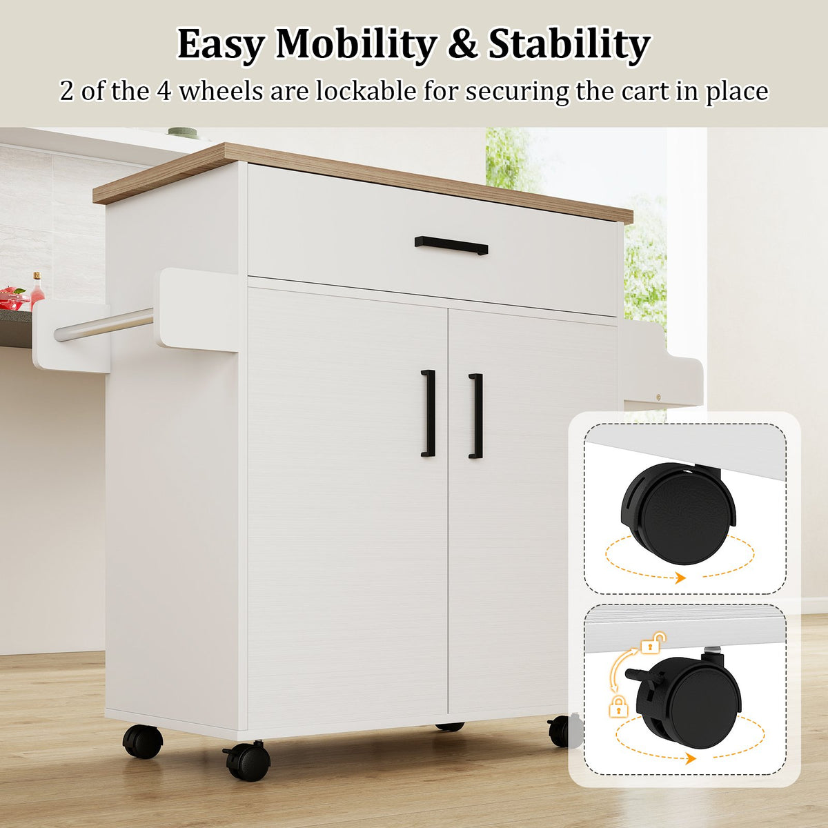 Kitchen Island Cart Rolling Kitchen Storage Island with Drawer-White view 9