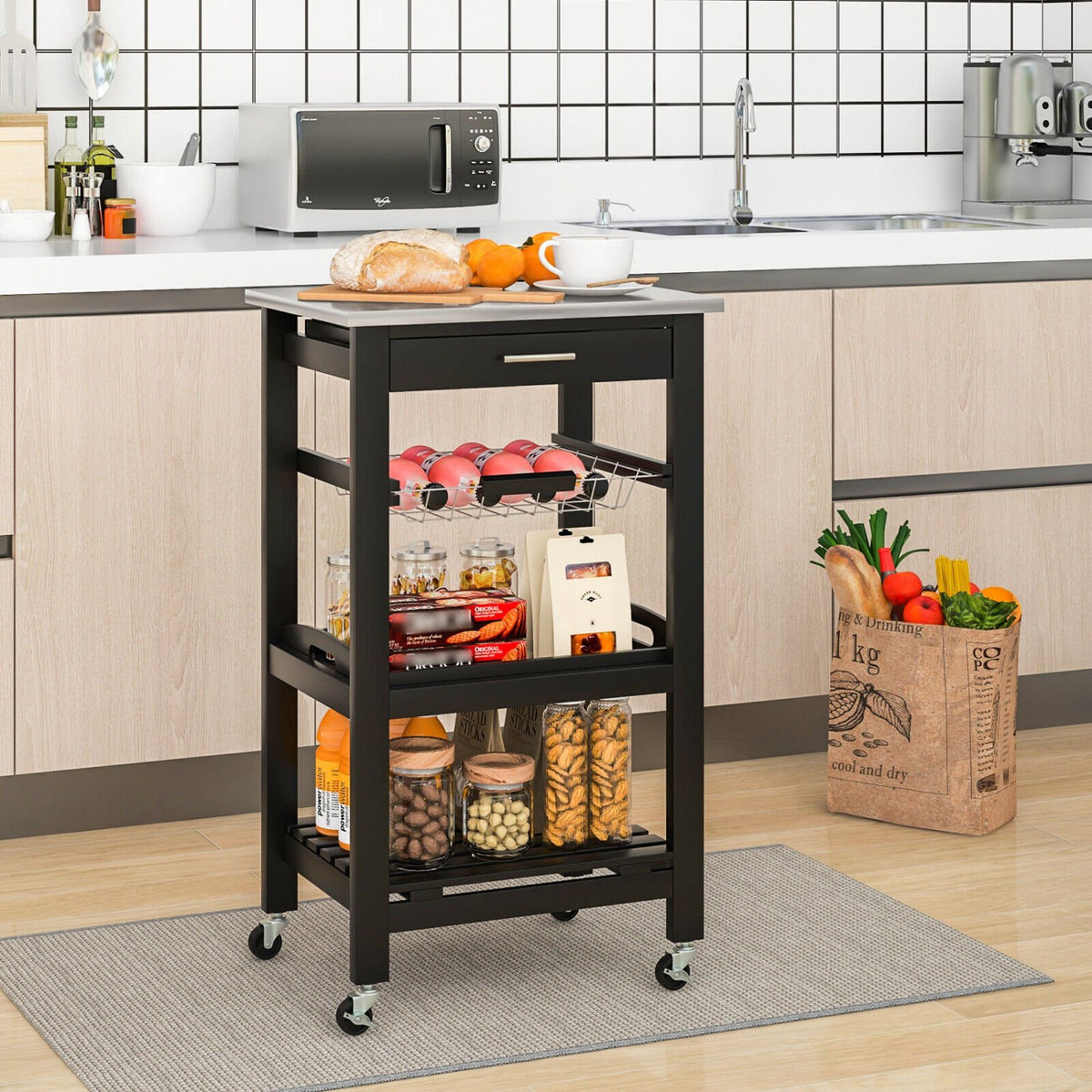 Kitchen Island Cart with Stainless Steel Tabletop and Basket-Black view 2