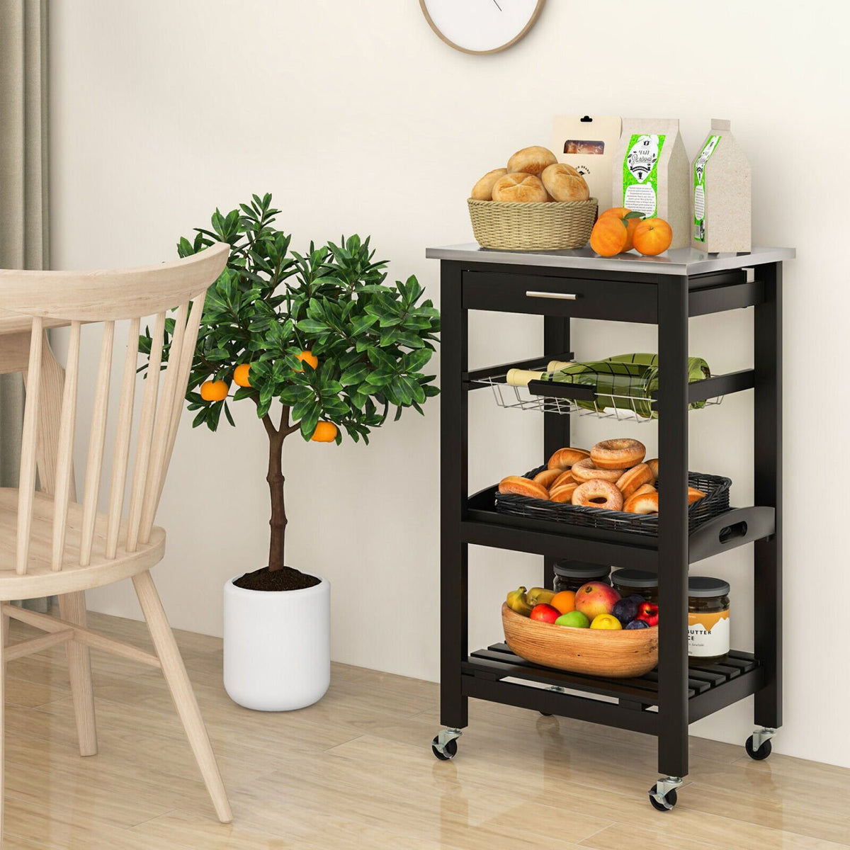 Kitchen Island Cart with Stainless Steel Tabletop and Basket-Black view 3