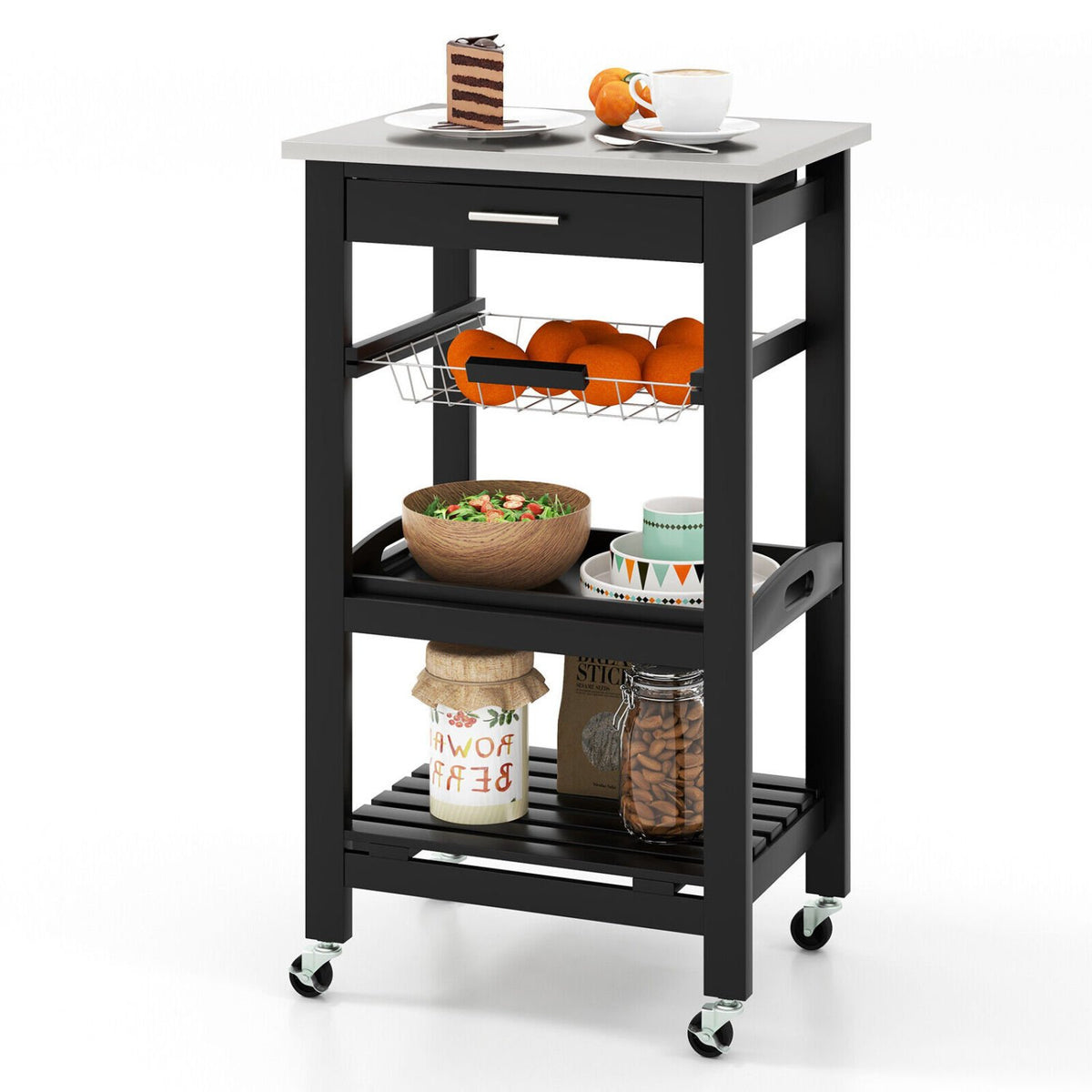 Kitchen Island Cart with Stainless Steel Tabletop and Basket-Black view 4