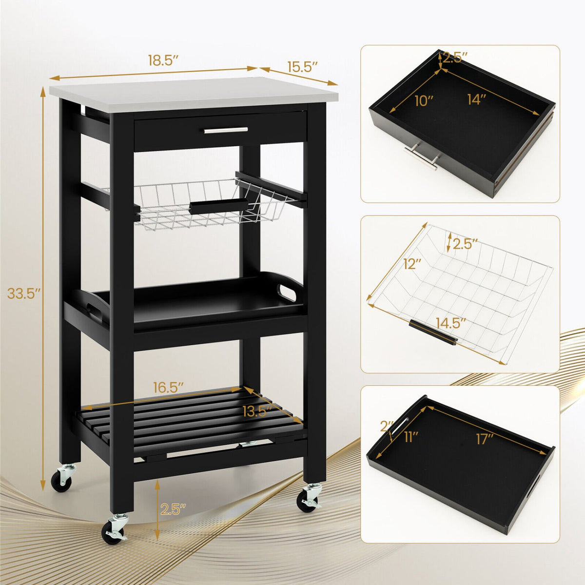 Kitchen Island Cart with Stainless Steel Tabletop and Basket-Black view 5