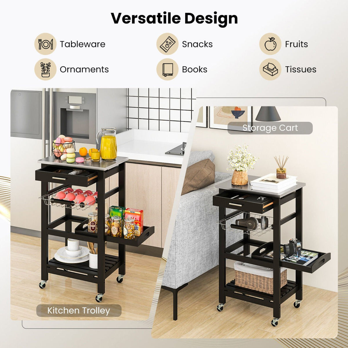 Kitchen Island Cart with Stainless Steel Tabletop and Basket-Black view 6