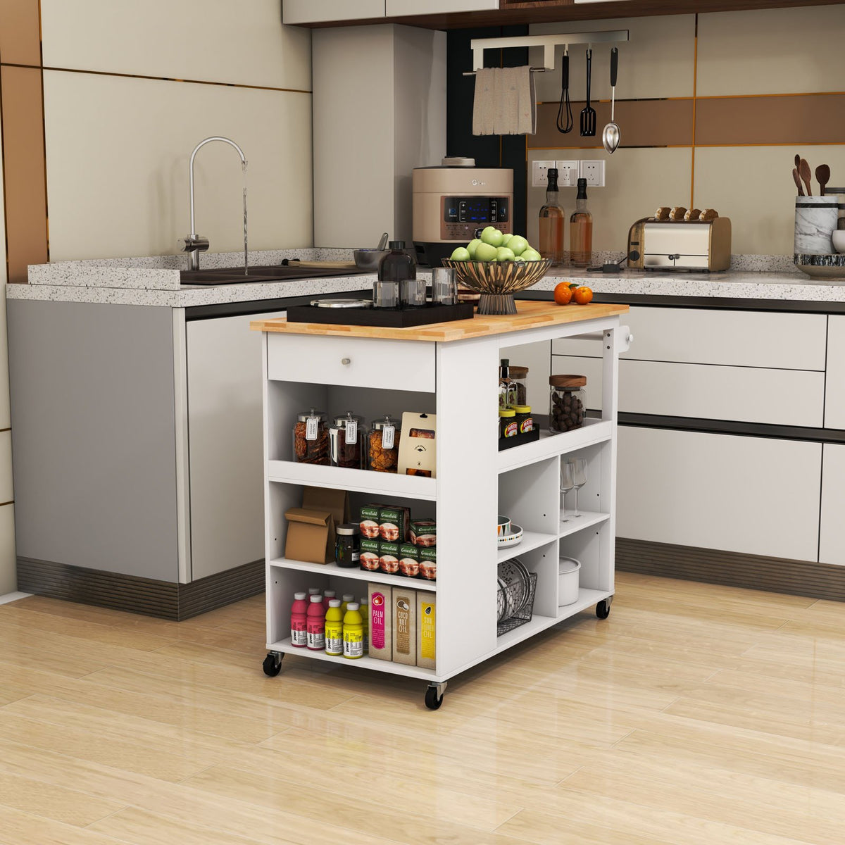 Kitchen Island Trolley Cart on Wheels with Storage Open Shelves and Drawer-White view 2