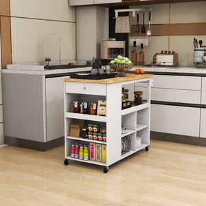 Kitchen Island Trolley Cart on Wheels with Storage Open Shelves and Drawer-White view 2