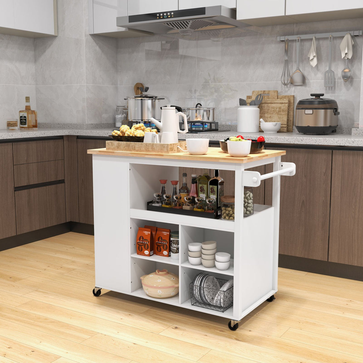Kitchen Island Trolley Cart on Wheels with Storage Open Shelves and Drawer-White view 3