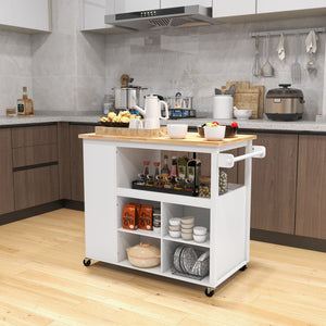 Kitchen Island Trolley Cart on Wheels with Storage Open Shelves and Drawer-White view 3
