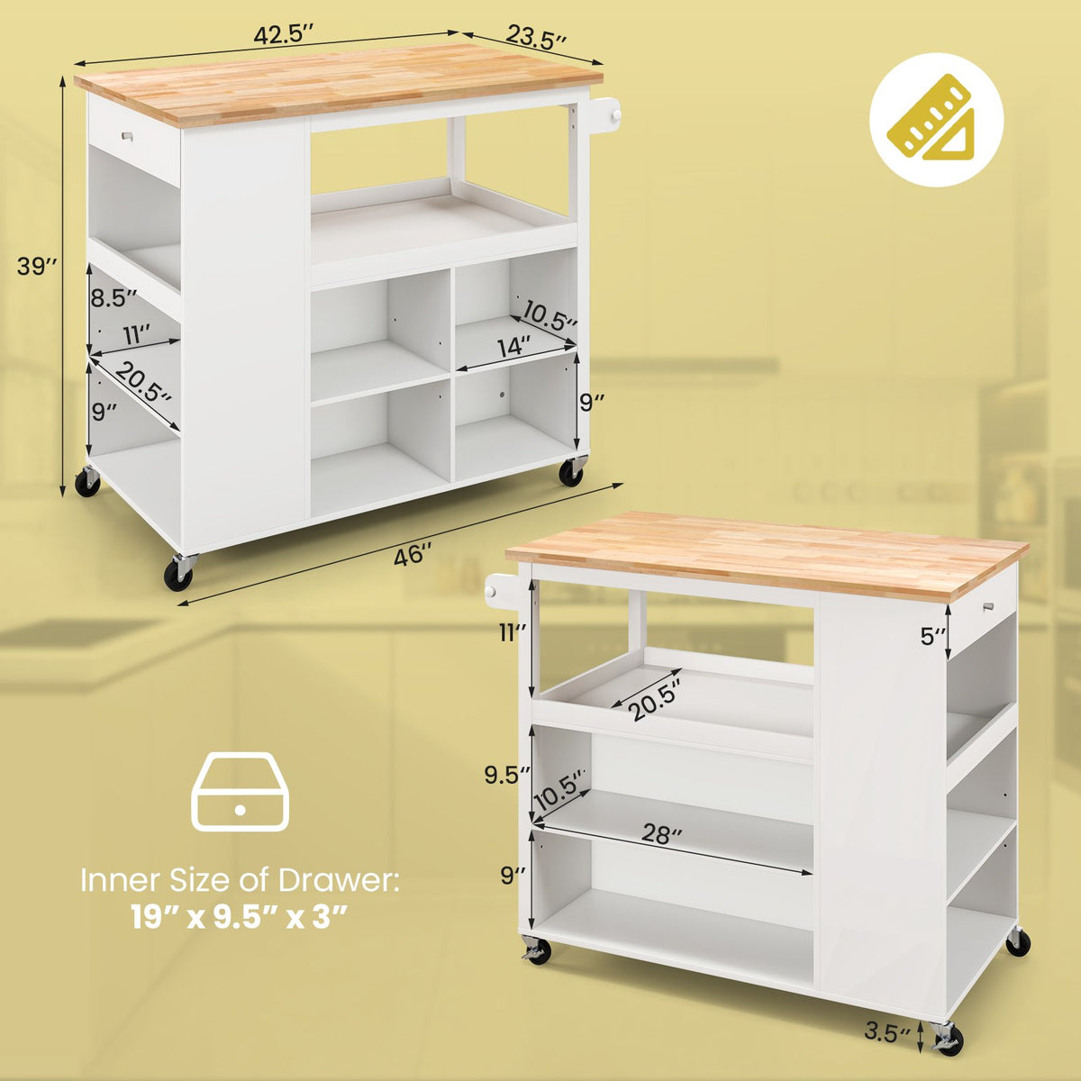 Kitchen Island Trolley Cart on Wheels with Storage Open Shelves and Drawer-White view 5