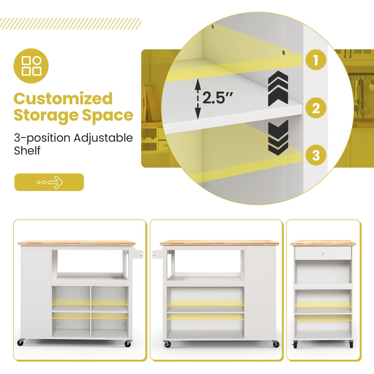 Kitchen Island Trolley Cart on Wheels with Storage Open Shelves and Drawer-White view 7