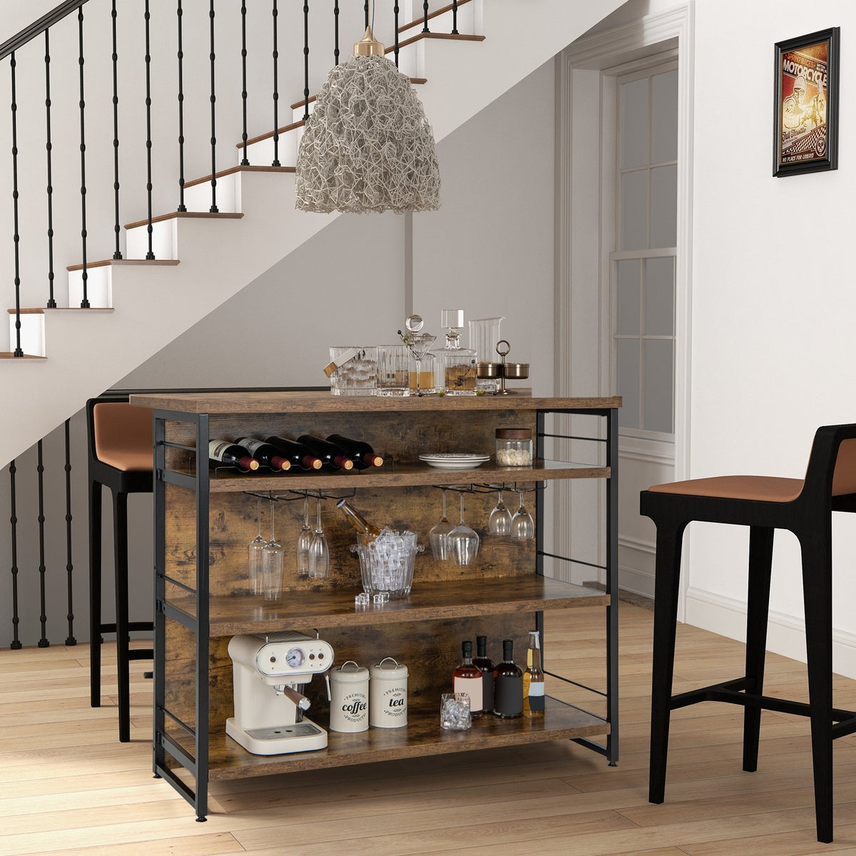 Kitchen Island with 4-Tier Storage Shelf and Long Footrest for Home-Rustic Brown view 2