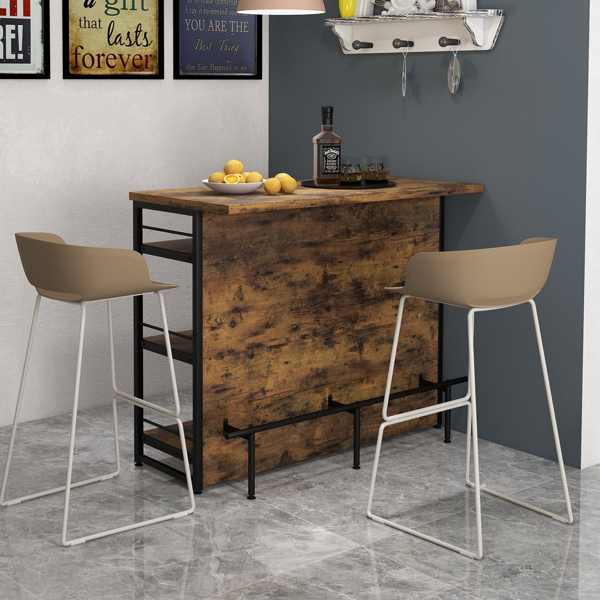 Kitchen Island with 4-Tier Storage Shelf and Long Footrest for Home-Rustic Brown view 3