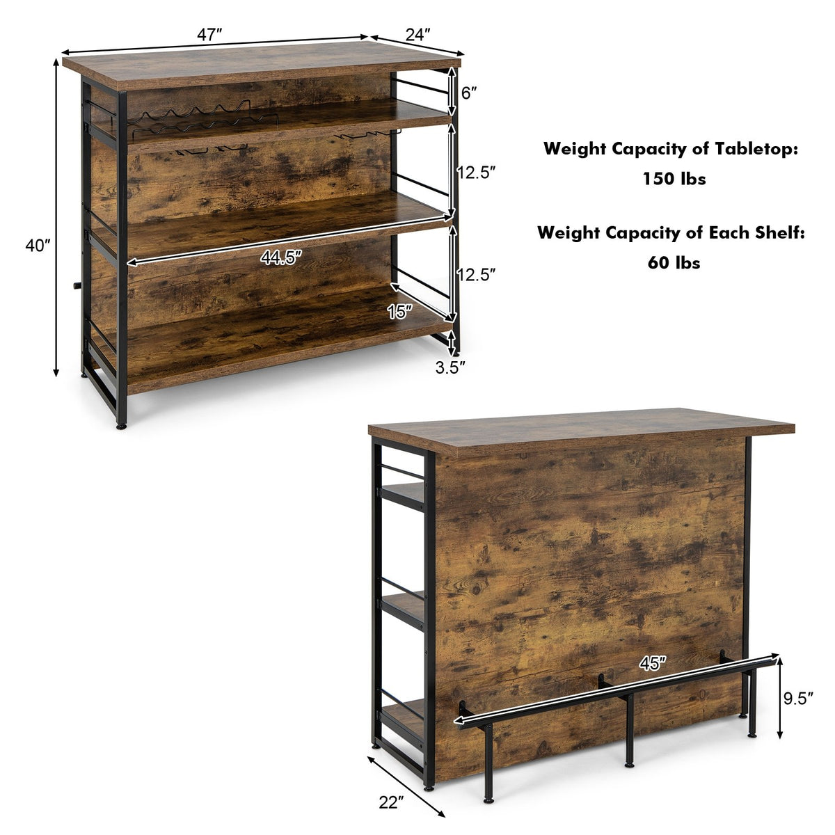 Kitchen Island with 4-Tier Storage Shelf and Long Footrest for Home-Rustic Brown view 5
