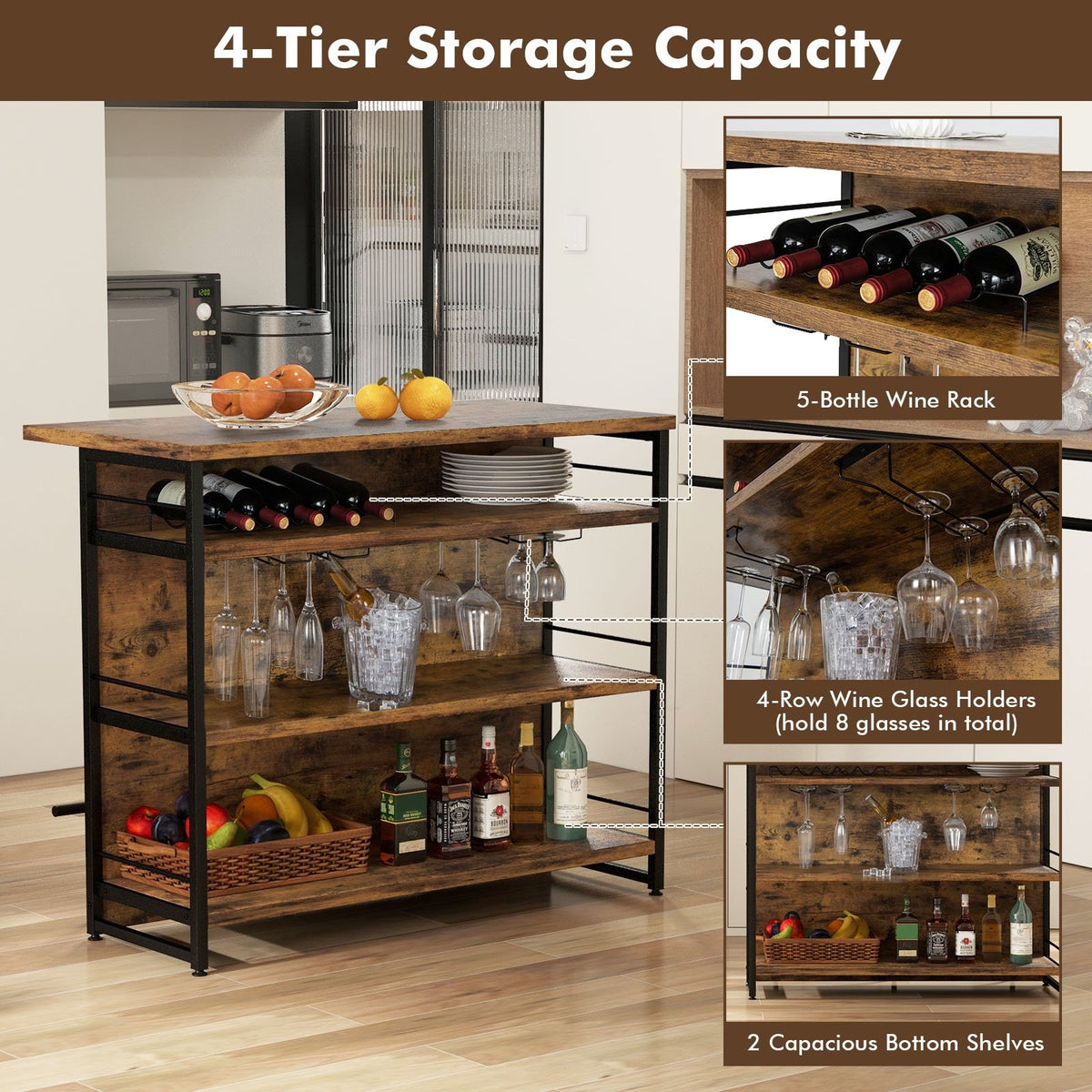 Kitchen Island with 4-Tier Storage Shelf and Long Footrest for Home-Rustic Brown view 6