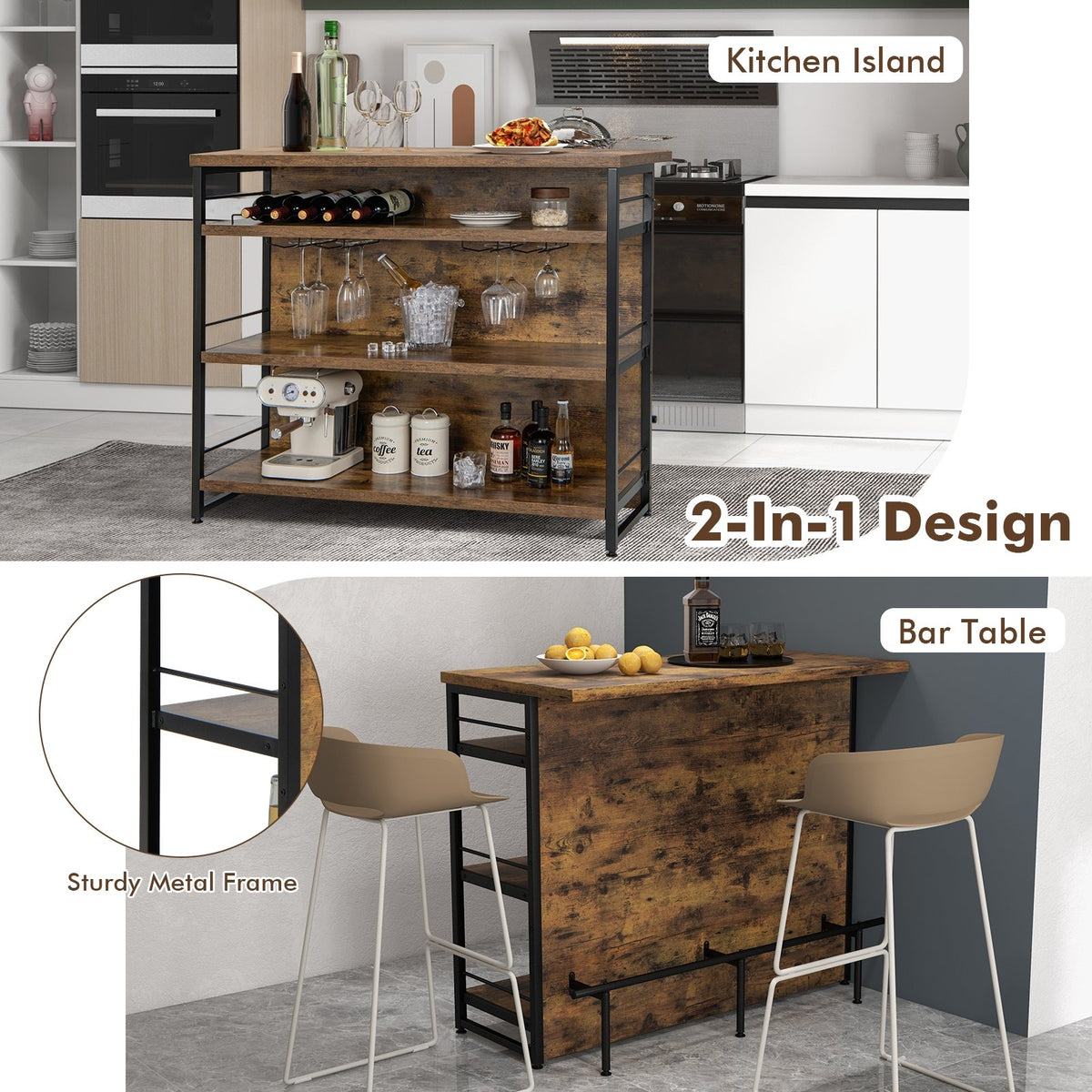 Kitchen Island with 4-Tier Storage Shelf and Long Footrest for Home-Rustic Brown view 8