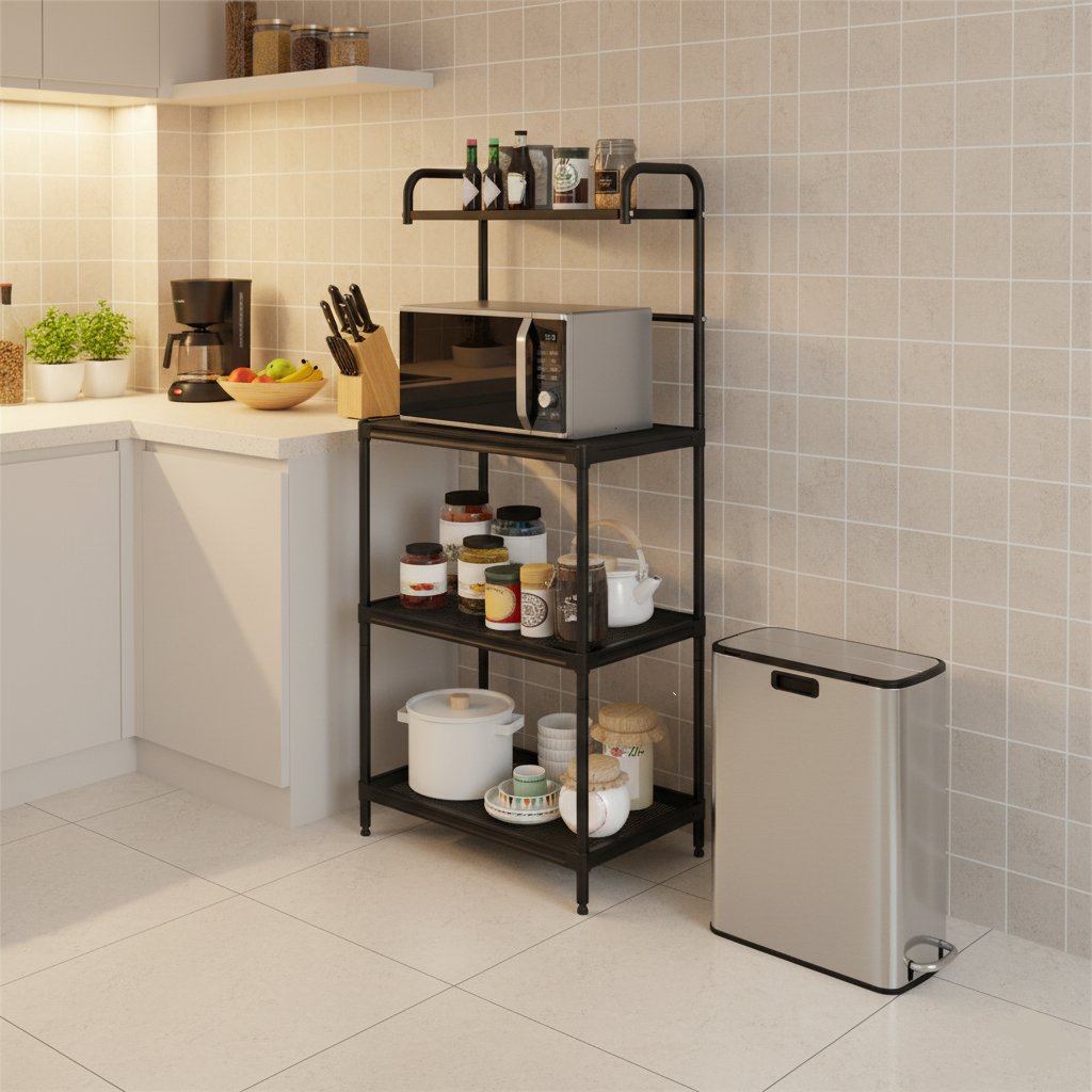 Kitchen Organization with 4-Tier Kitchen Microwave Storage Rack and Trash Can view 3