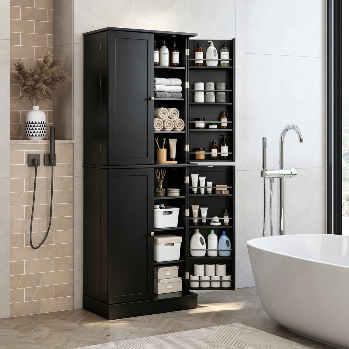 Kitchen Pantry Cabinet 65.5 Inch Freestanding Tall Buffet Cupboard-Black view 3