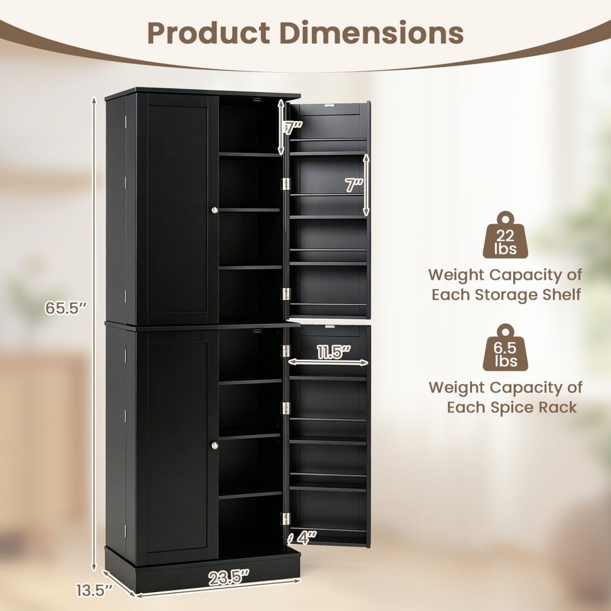Kitchen Pantry Cabinet 65.5 Inch Freestanding Tall Buffet Cupboard-Black view 5