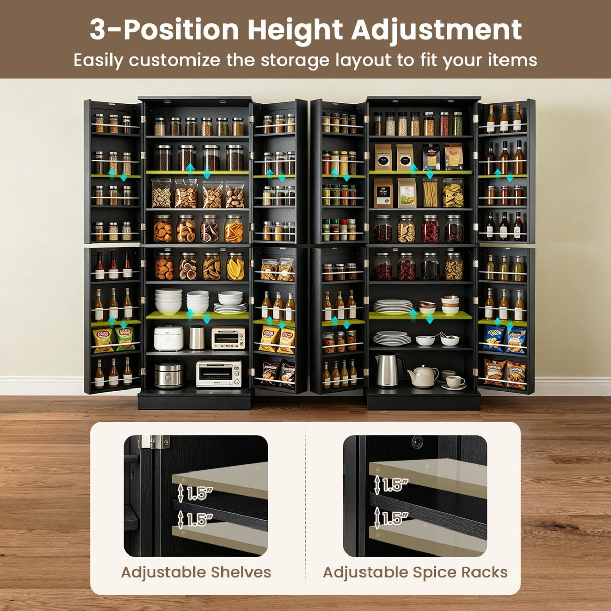 Kitchen Pantry Cabinet 65.5 Inch Freestanding Tall Buffet Cupboard-Black view 8