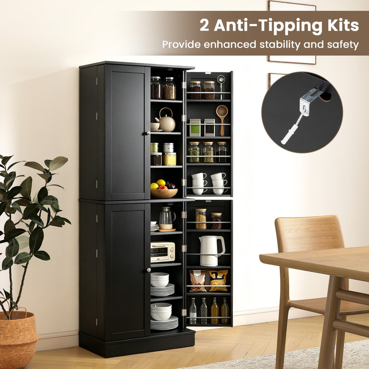 Kitchen Pantry Cabinet 65.5 Inch Freestanding Tall Buffet Cupboard-Black view 9