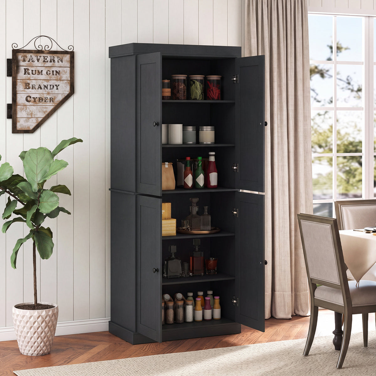 Kitchen Pantry Cabinet with 2 Adjustable Shelves and Anti-Tipping Kits for Living Room-Black view 2