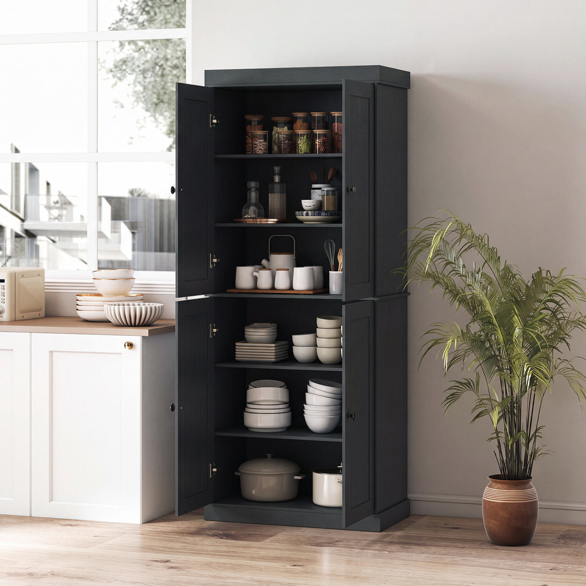 Kitchen Pantry Cabinet with 2 Adjustable Shelves and Anti-Tipping Kits for Living Room-Black view 3