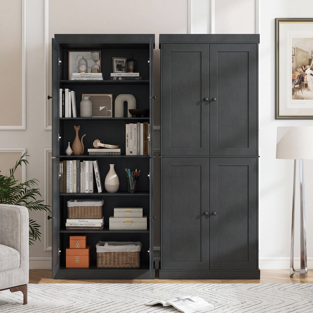 Kitchen Pantry Cabinet with 2 Adjustable Shelves and Anti-Tipping Kits for Living Room-Black view 6