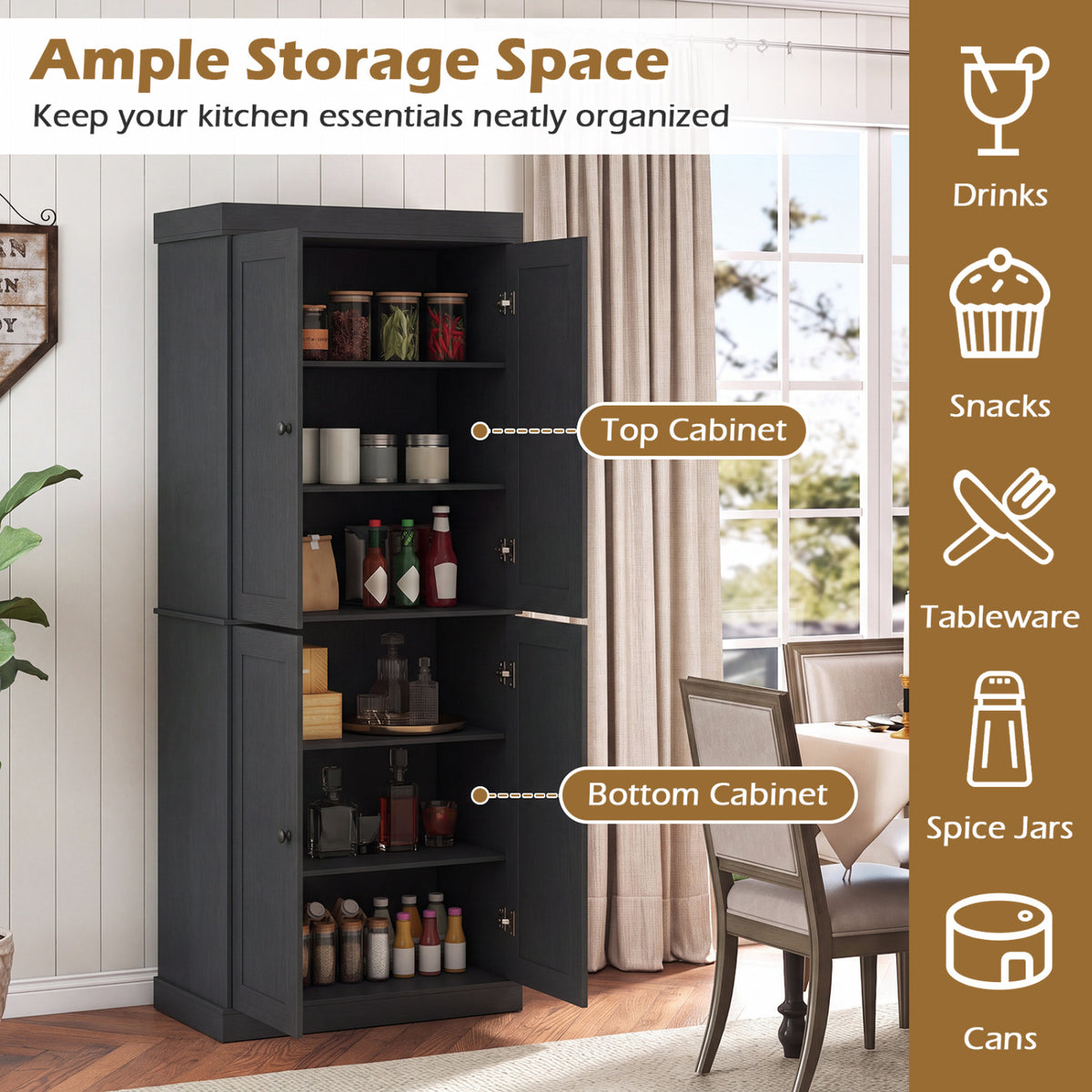 Kitchen Pantry Cabinet with 2 Adjustable Shelves and Anti-Tipping Kits for Living Room-Black view 7