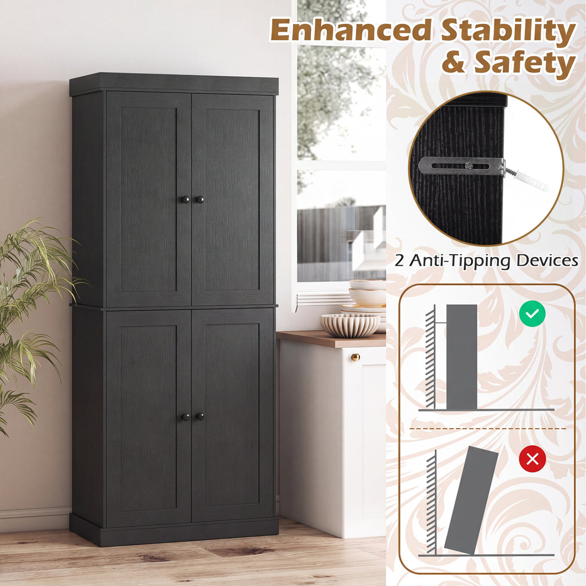 Kitchen Pantry Cabinet with 2 Adjustable Shelves and Anti-Tipping Kits for Living Room-Black view 9