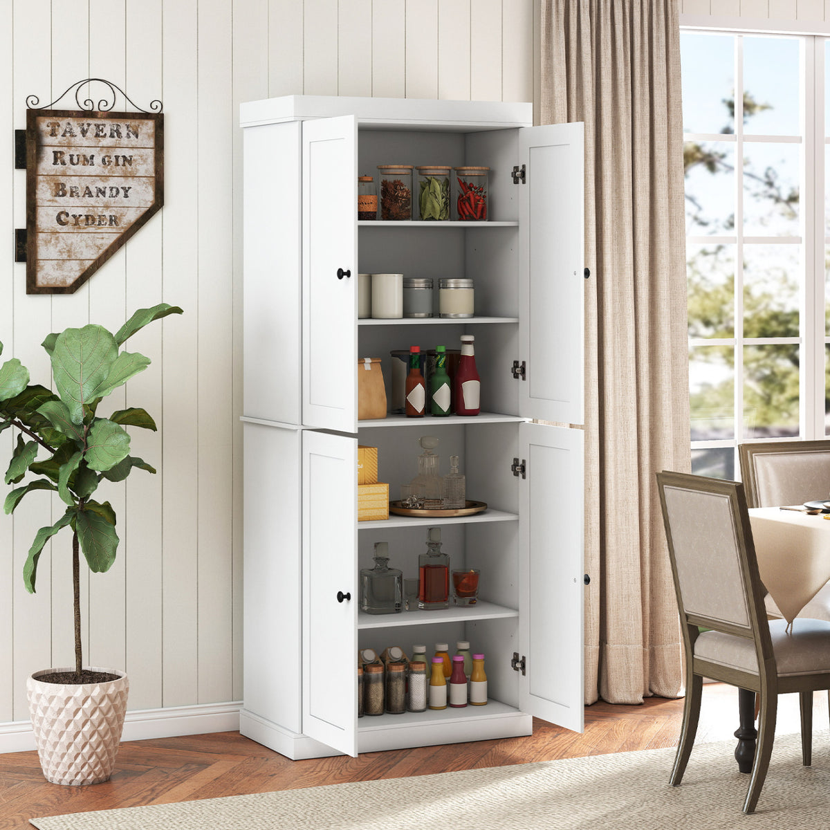Kitchen Pantry Cabinet with 2 Adjustable Shelves and Anti-Tipping Kits for Living Room-White view 2