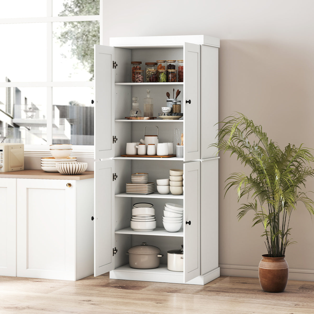 Kitchen Pantry Cabinet with 2 Adjustable Shelves and Anti-Tipping Kits for Living Room-White view 3