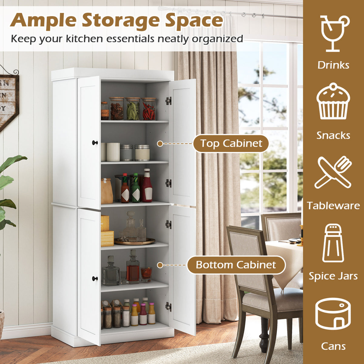 Kitchen Pantry Cabinet with 2 Adjustable Shelves and Anti-Tipping Kits for Living Room-White view 6