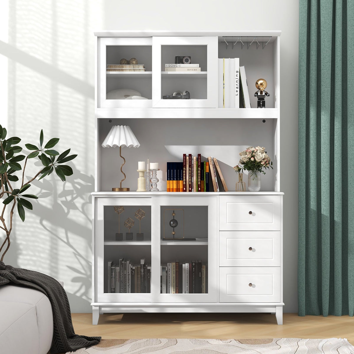 Kitchen Pantry Storage Cabinet Kitchen Hutch with LED lights and Power Outlet-White view 3