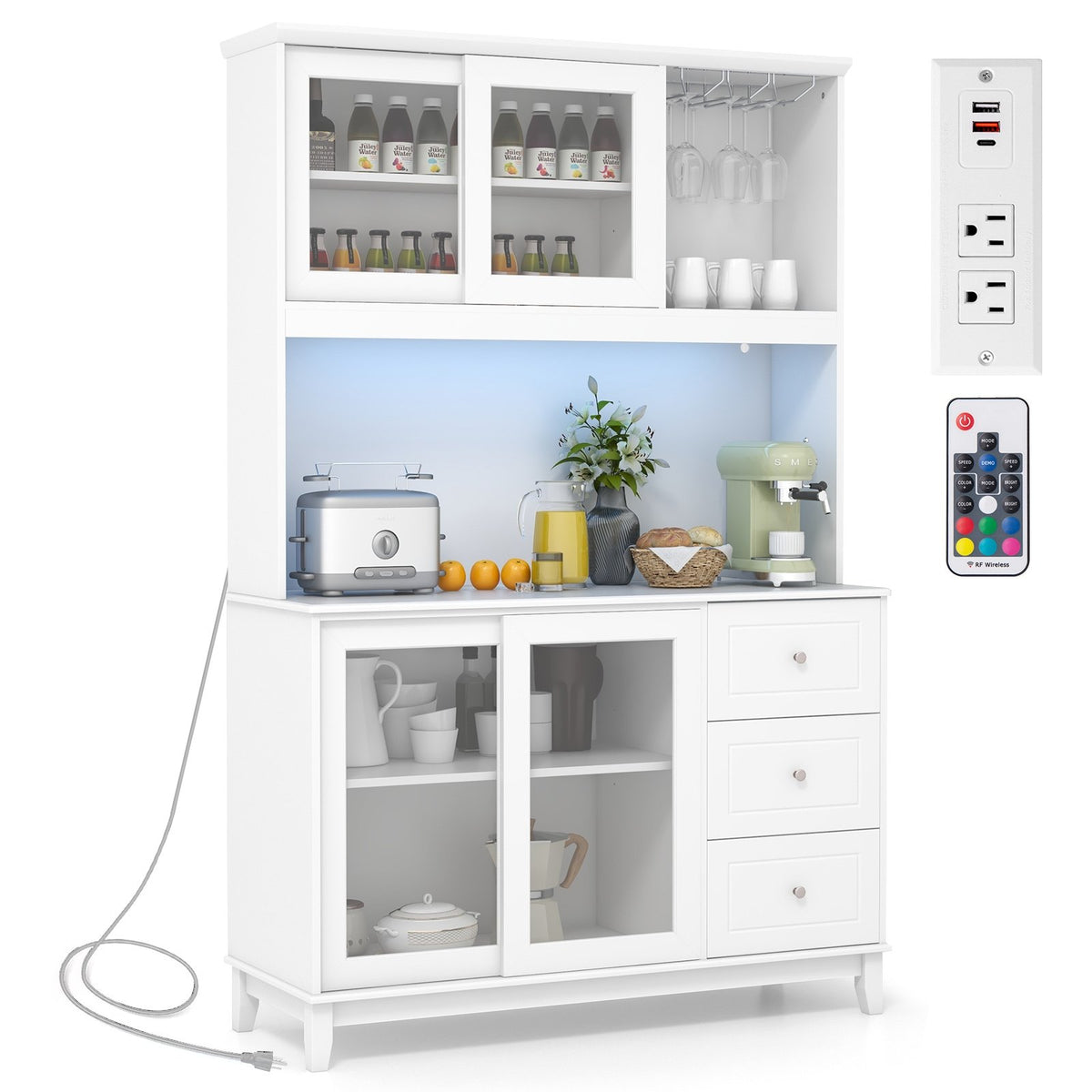 Kitchen Pantry Storage Cabinet Kitchen Hutch with LED lights and Power Outlet-White view 4