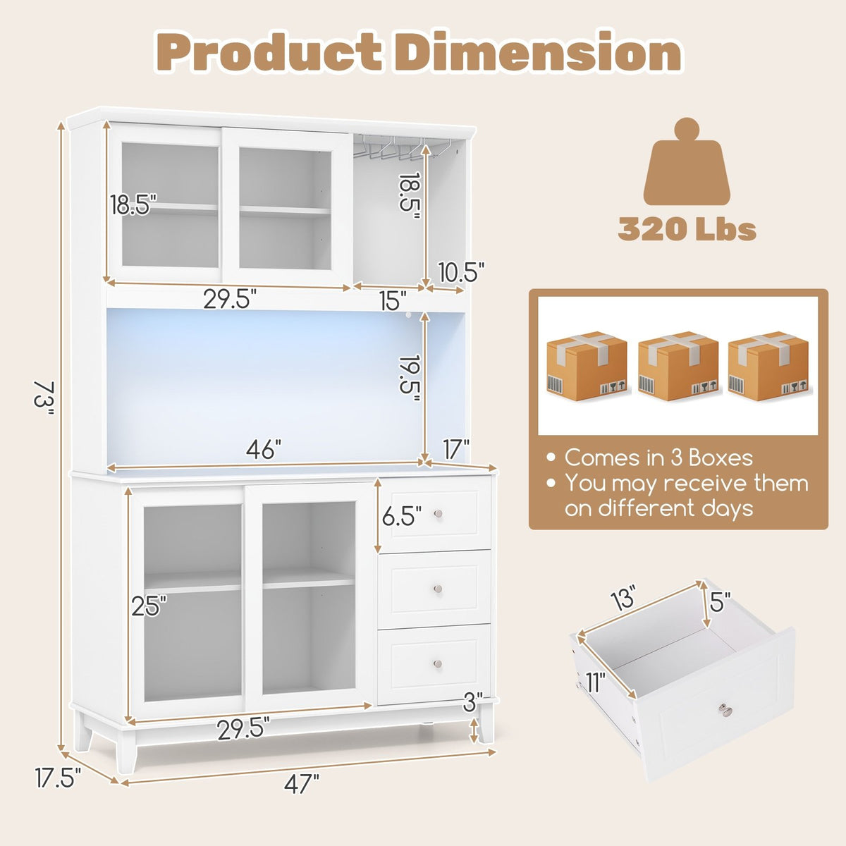 Kitchen Pantry Storage Cabinet Kitchen Hutch with LED lights and Power Outlet-White view 5