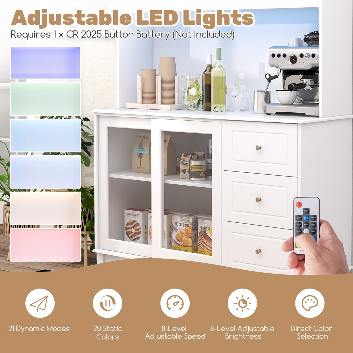 Kitchen Pantry Storage Cabinet Kitchen Hutch with LED lights and Power Outlet-White view 7