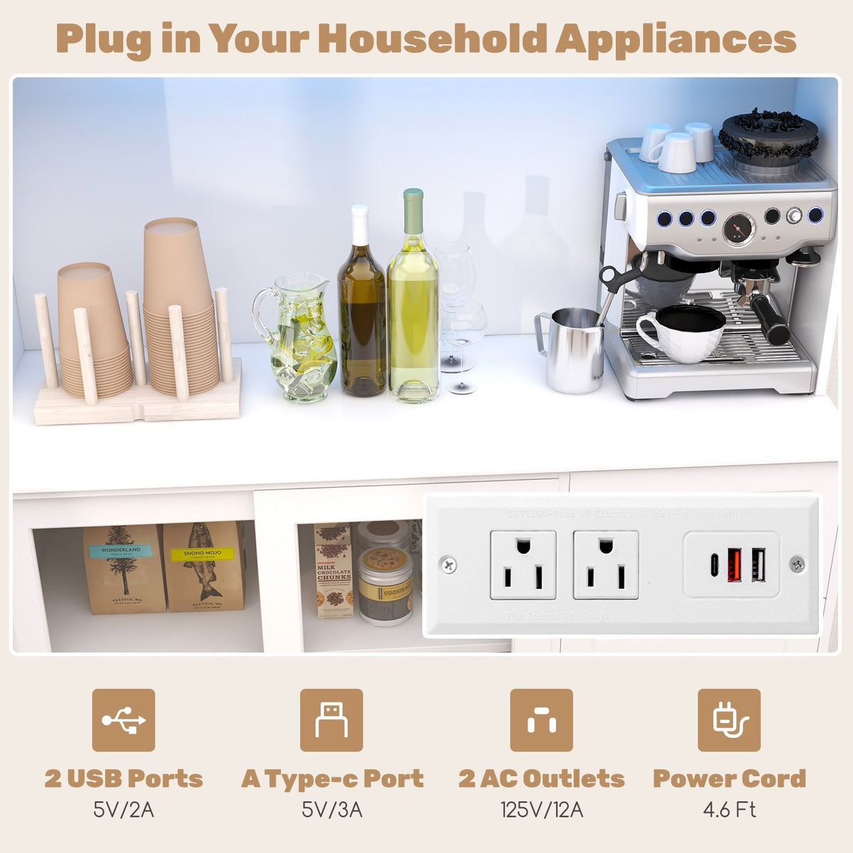Kitchen Pantry Storage Cabinet Kitchen Hutch with LED lights and Power Outlet-White view 8