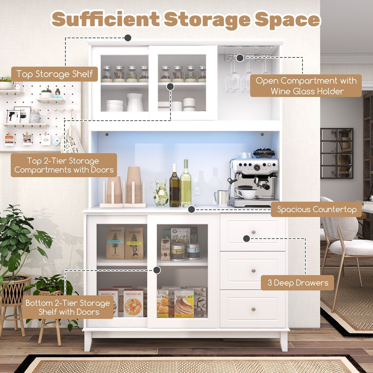 Kitchen Pantry Storage Cabinet Kitchen Hutch with LED lights and Power Outlet-White view 9